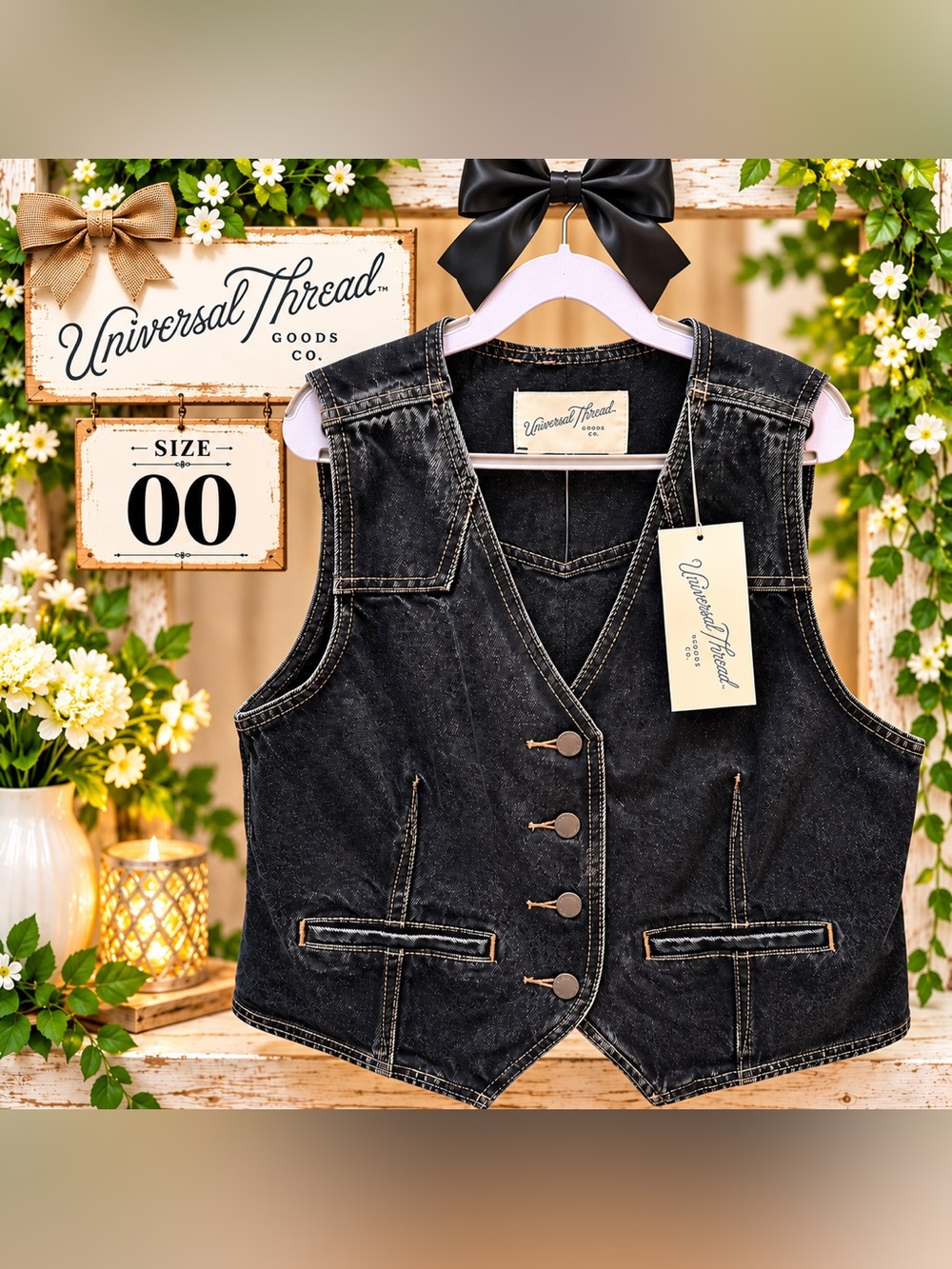 Universal Thread Black Denim Button-Front Vest – Women’s Size 00– NWT